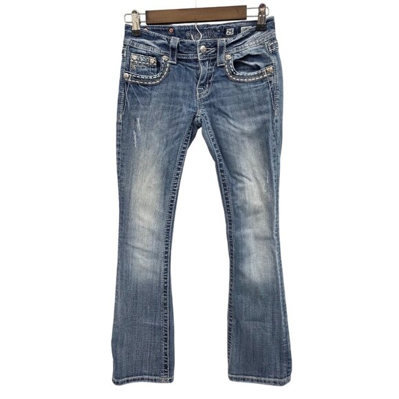 Miss Me Bootcut Jeans Juniors Size 25 Light Wash Bling Pockets Distressed Denim - Picture 1 of 16